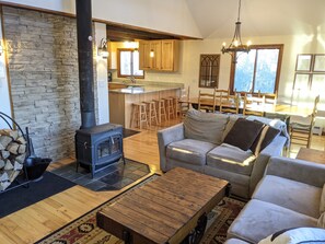 Smart TV, fireplace, DVD player, books
