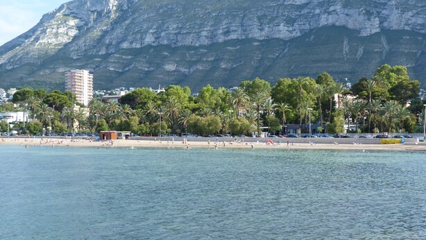 Blick auf die Küste mit Strand, Palmen und einem Berg im Hintergrund.