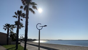 A coastal walkway with palm trees, a clear sky, and a beach in the background. - Generous exclusive holiday home in a dream location right on the beach with great views (Gruissan)