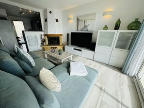 Smart TV, fireplace, DVD player, books