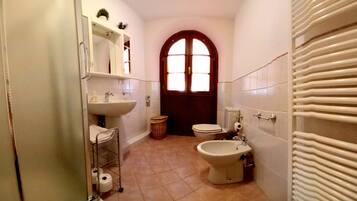 Shower, hair dryer, bidet, towels