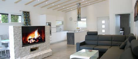 Smart TV, DVD player, books, video library