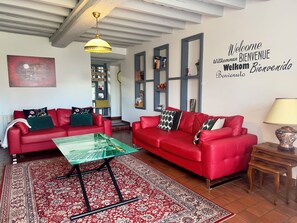 Smart TV, fireplace, books, offices