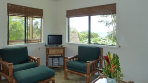 A room with two wooden chairs, a television on a wooden stand, and a ceiling fan.
