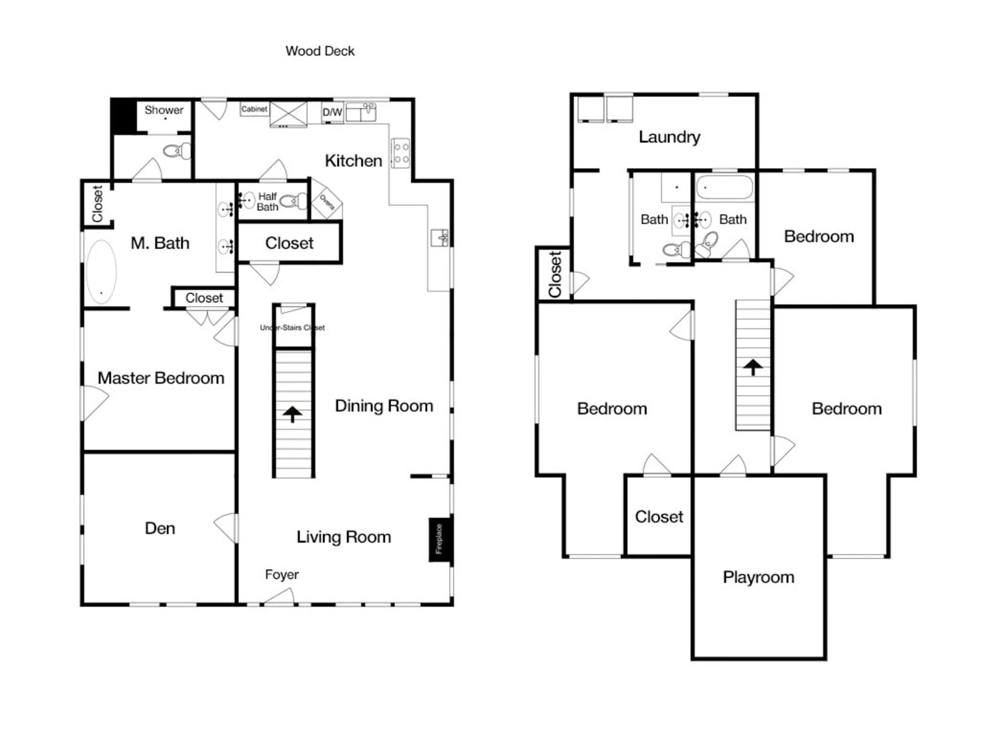 A floor plan of a house with a wood deck, master bedroom, dining room, living room, kitchen, master bathroom, and a playroom.