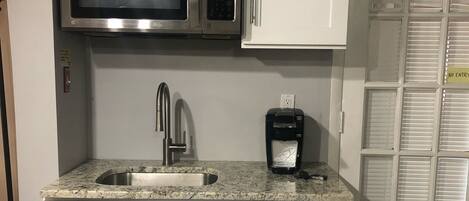 Fridge, microwave, coffee/tea maker