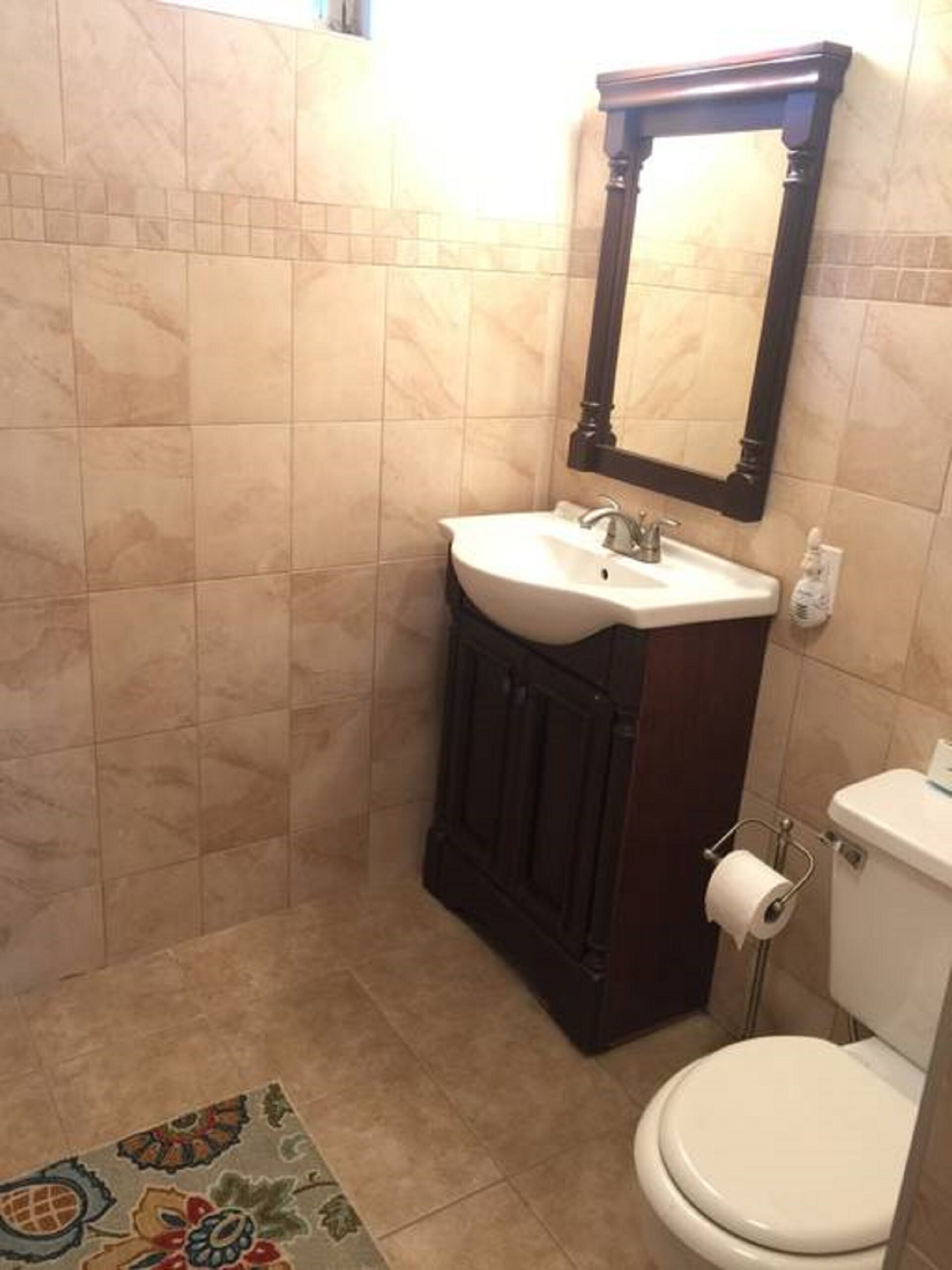 Douche, serviettes fournies, papier toilette