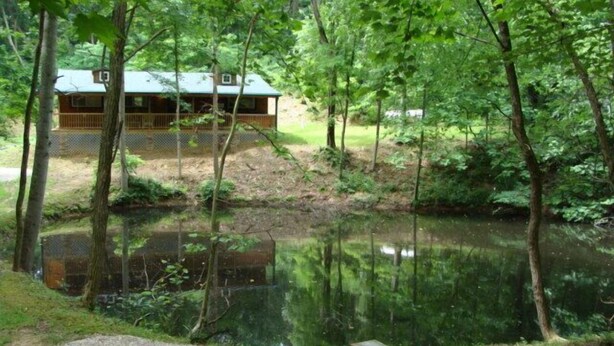 A cabin with a fire pit and a bench by a pond surrounded by trees.
