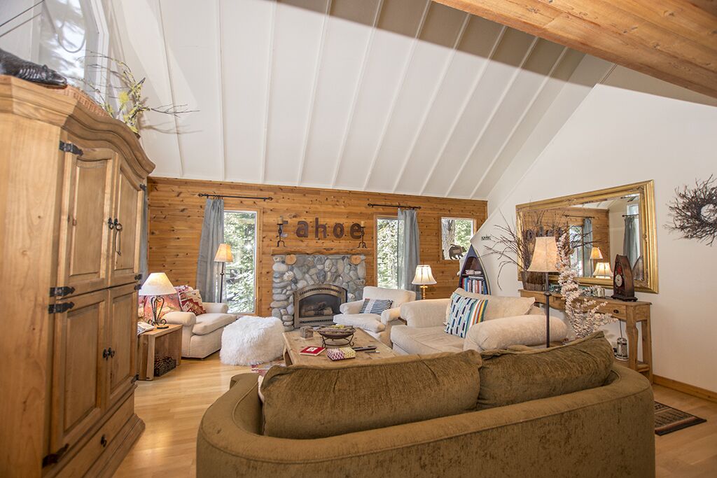 Télévision, cheminée, lecteur de DVD, livres