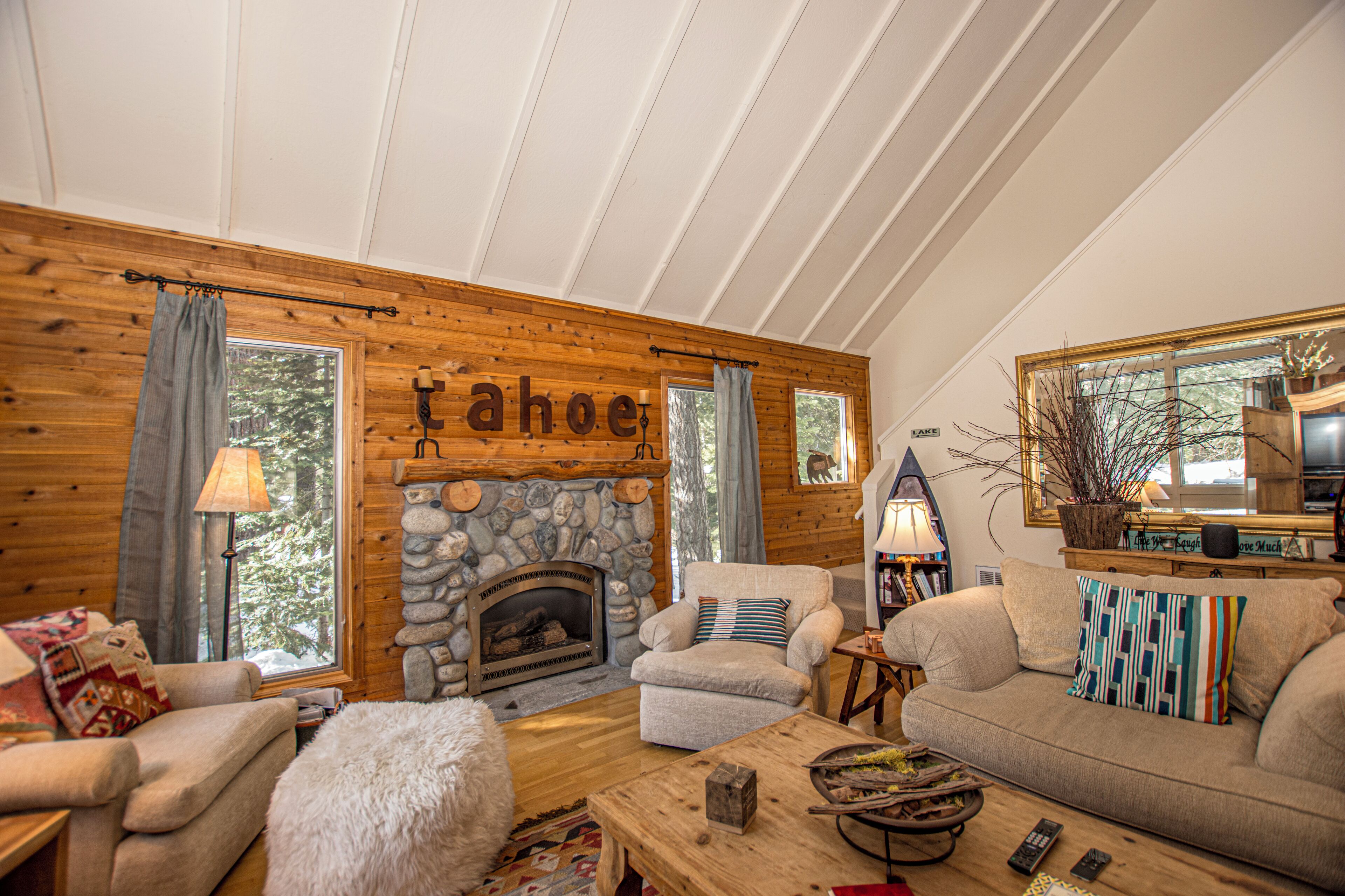 TV, caminetto, lettore DVD, libri