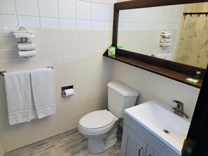 Habitación Confort doble, 2 camas de matrimonio, no fumadores | Baño | Ducha y bañera combinadas y secador de pelo