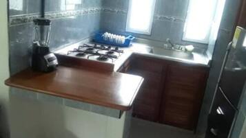 Apartamento família, 4 quartos, vista para o oceano | Cozinha privada | Geladeira, micro-ondas, fogão, cooktop