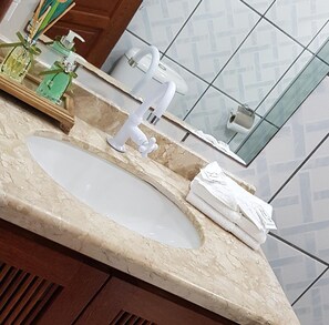 Shower, hair dryer, towels