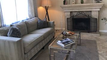 Smart TV, chimenea, reproductor de DVD y libros