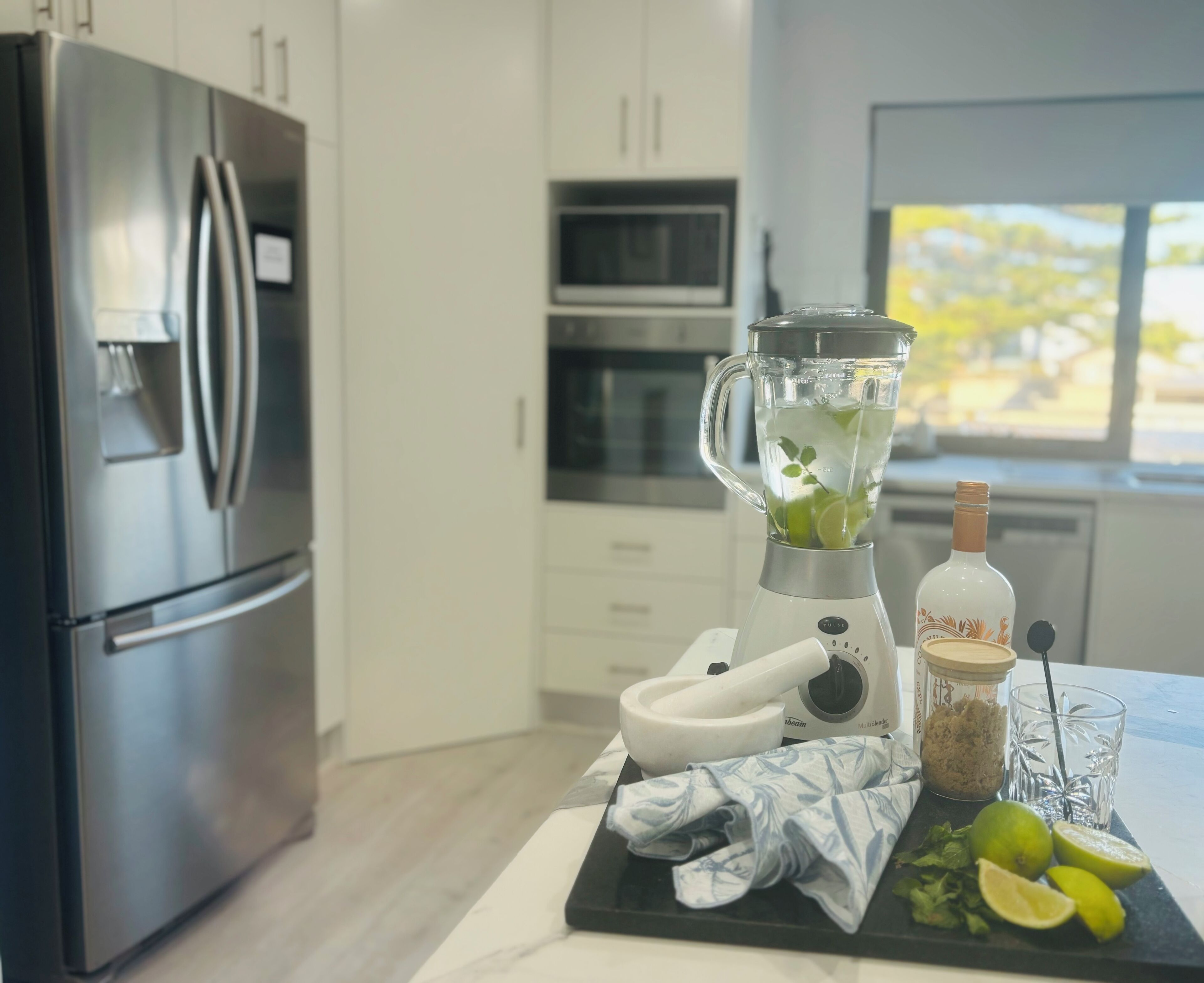 Espresso maker, coffee/tea maker, fridge, microwave
