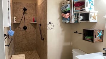Douche, serviettes fournies, savon, shampoing