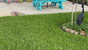 Un'area patio coperta con vivaci poltrone Adirondack e tavoli da picnic.
