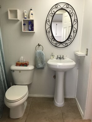 Une salle de bain équipée de toilettes, d’un lavabo et d’un miroir décoratif.