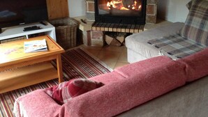 A living room with a fireplace, a sofa, a television, and a coffee table.
