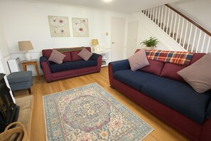 Smart TV, fireplace, books