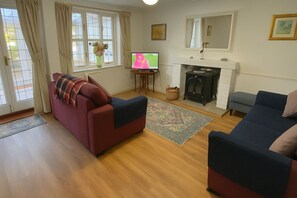 Smart TV, fireplace, books