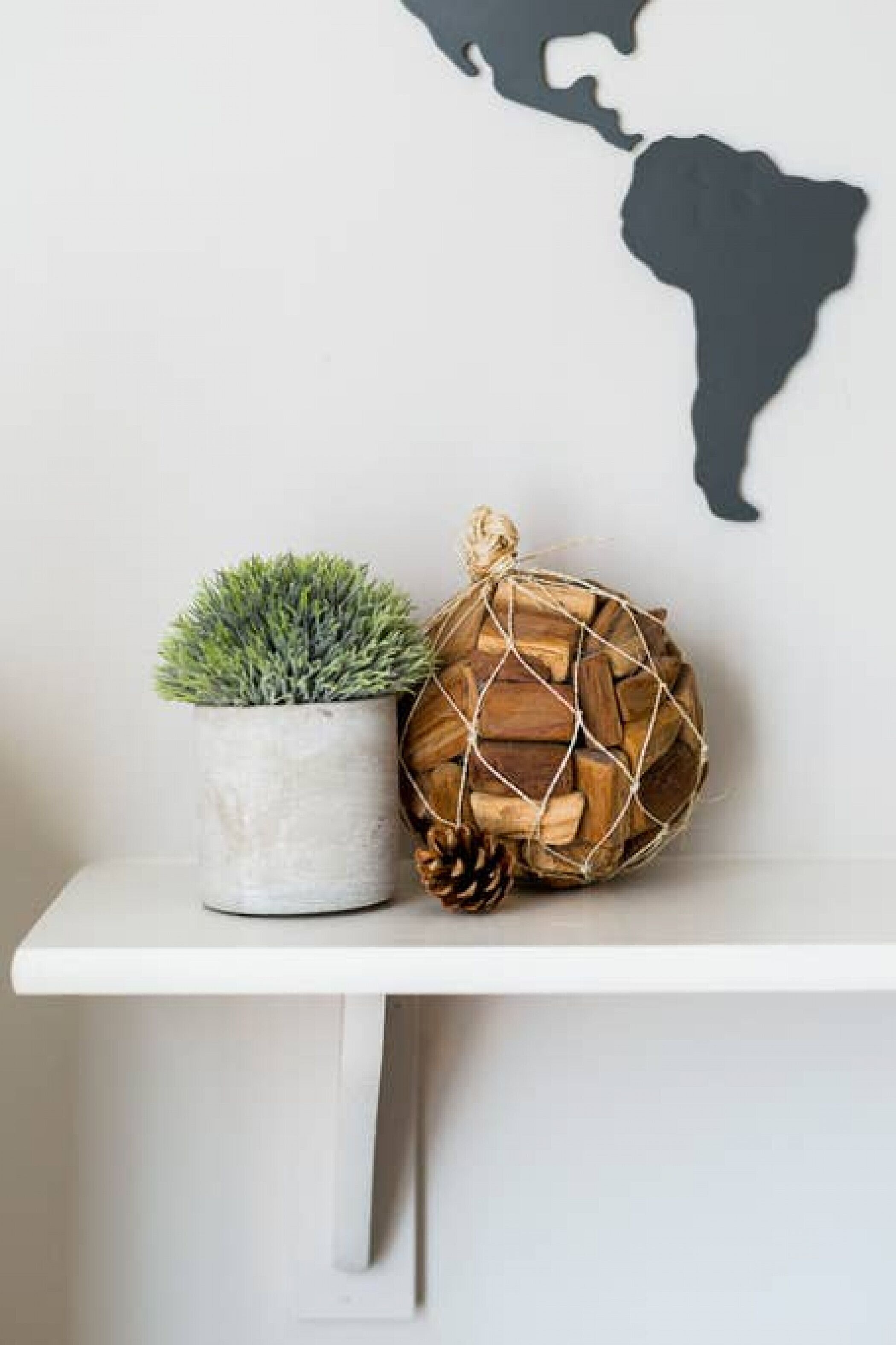 Une étagère blanche ornée d’une plante en pot et d’une sphère décorative.