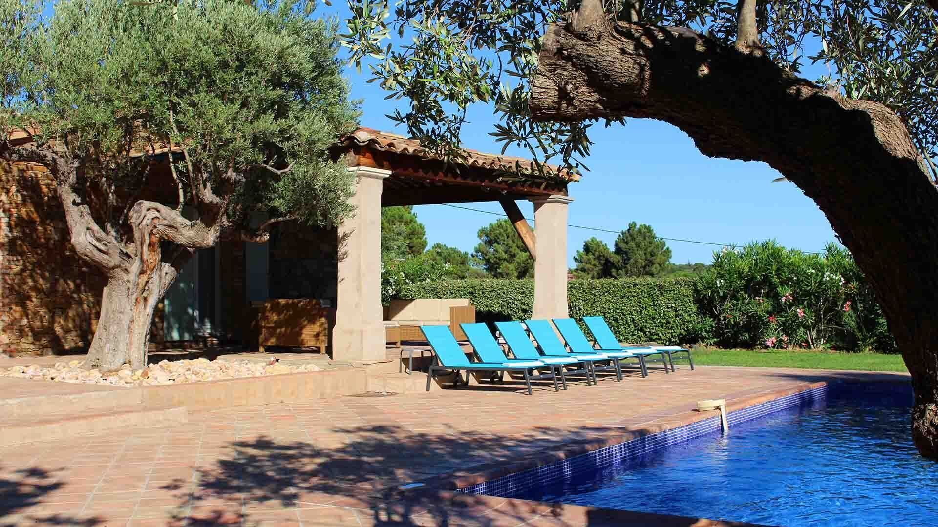 Ein Poolbereich mit Liegestühlen und einer Pergola, umgeben von Bäumen und blauem Himmel.