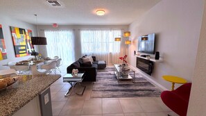 Smart TV, fireplace, DVD player, ping pong