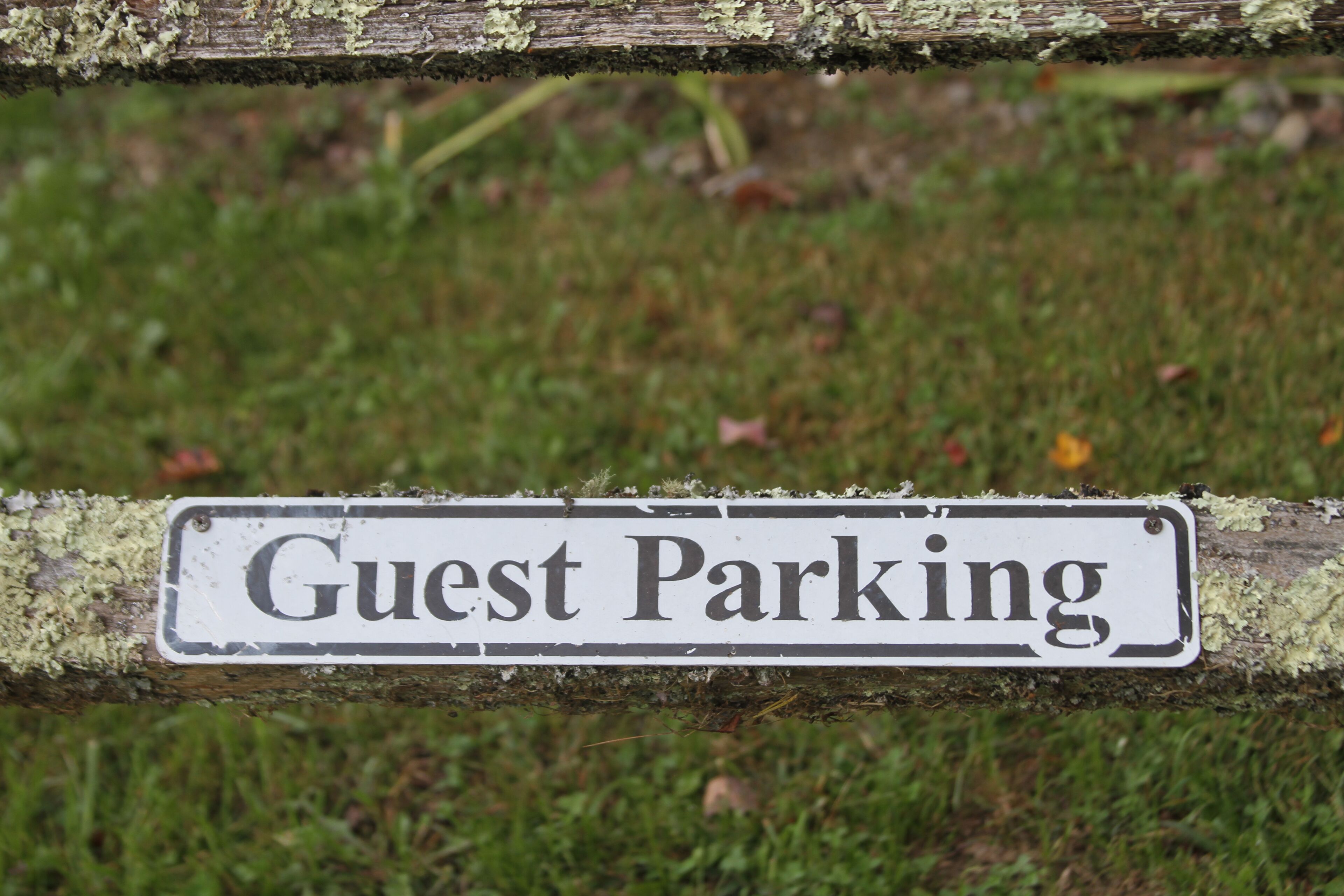 A sign that reads "Guest Parking" on a wooden post.