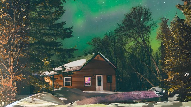 A cabin with a snow-covered ground, surrounded by trees, under a night sky with visible stars and green aurora. - 3BR Lakefront Cabin w/ Private Launch & Dock (Backus)