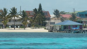Eine Küstenlandschaft mit Strand, Palmen und Gebäuden.