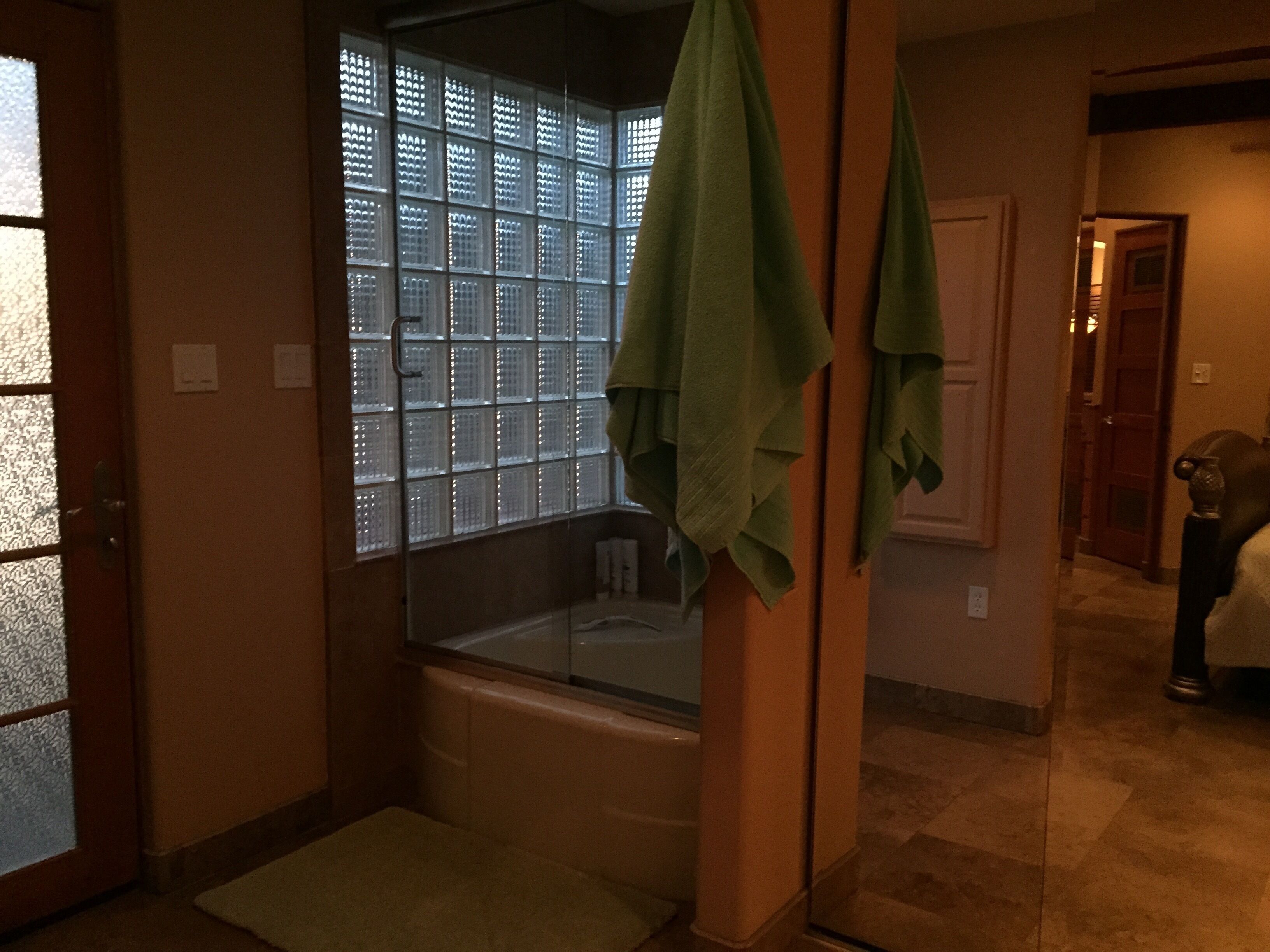 Hair dryer, towels, soap, shampoo