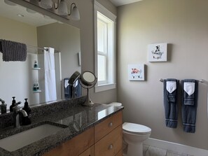 Combined shower/tub, hair dryer, towels, soap