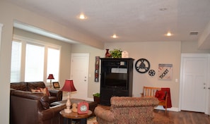 TV, video games, DVD player, video library