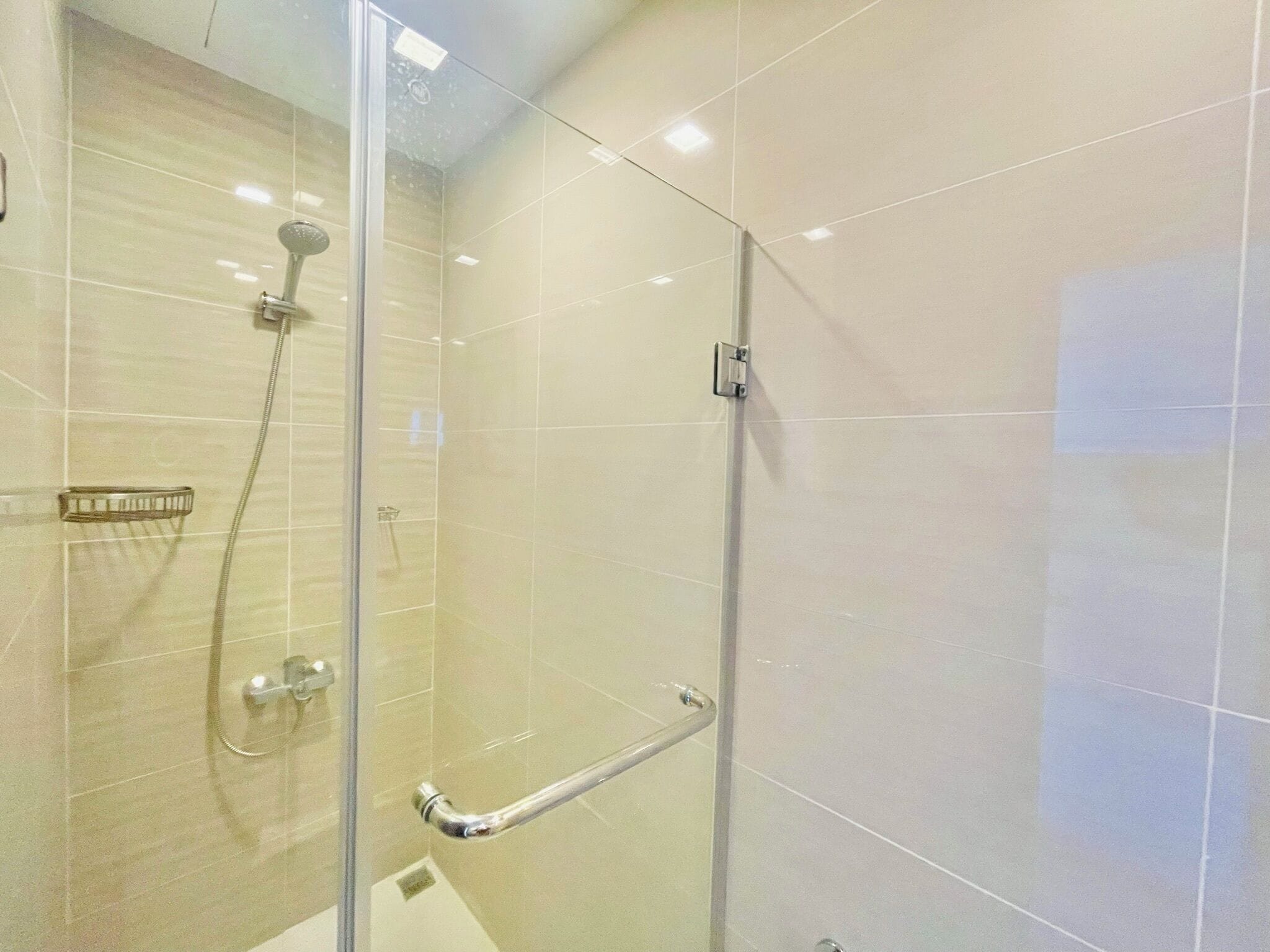 A modern shower with a glass door, a handheld showerhead, and a handheld faucet.