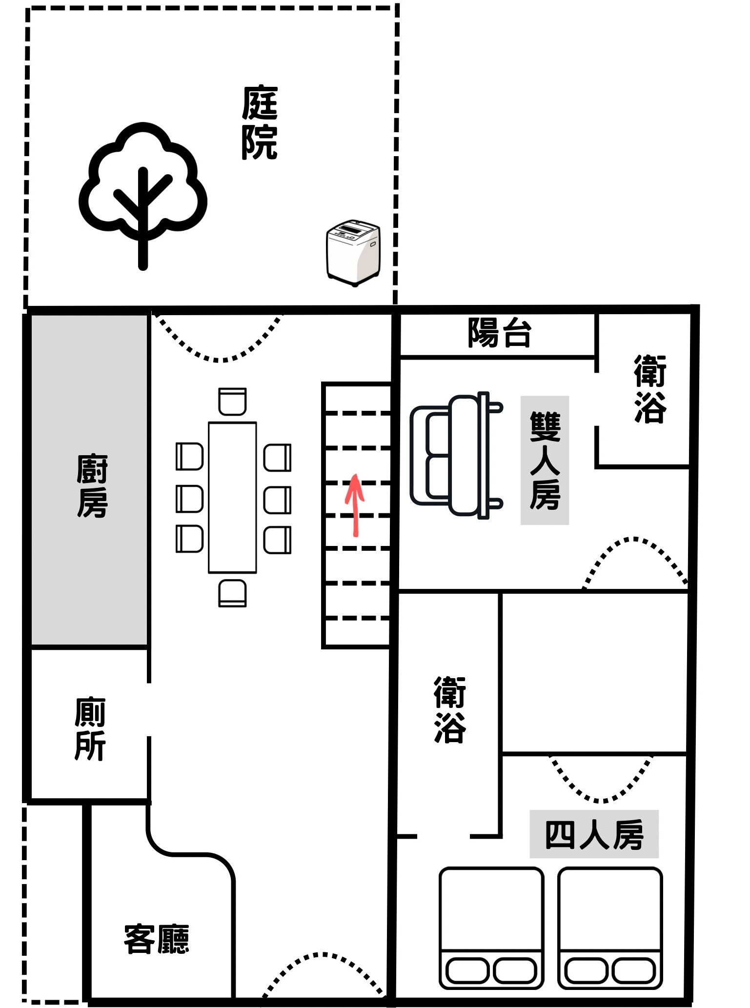 A hotel layout with a reception, guest rooms, a bathroom, a dining area, and a small garden.