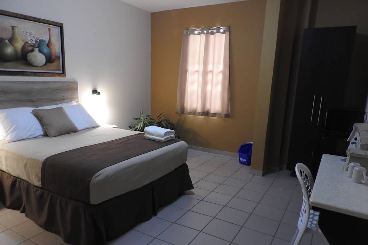 A hotel room with a bed, a nightstand, a window with curtains, a plant, and a kitchenette area.