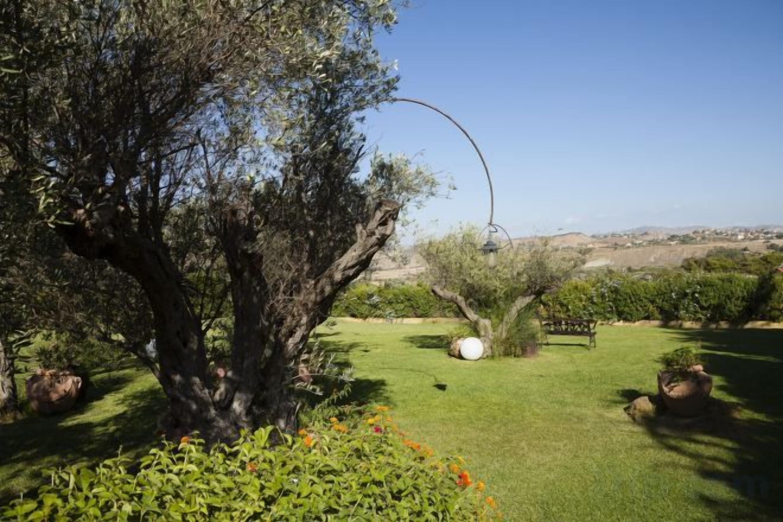 A well-maintained garden with a large tree, a spherical sculpture, and a clear view of the landscape.