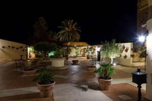Un patio exterior con macetas, una palmera y suelo de baldosas.
