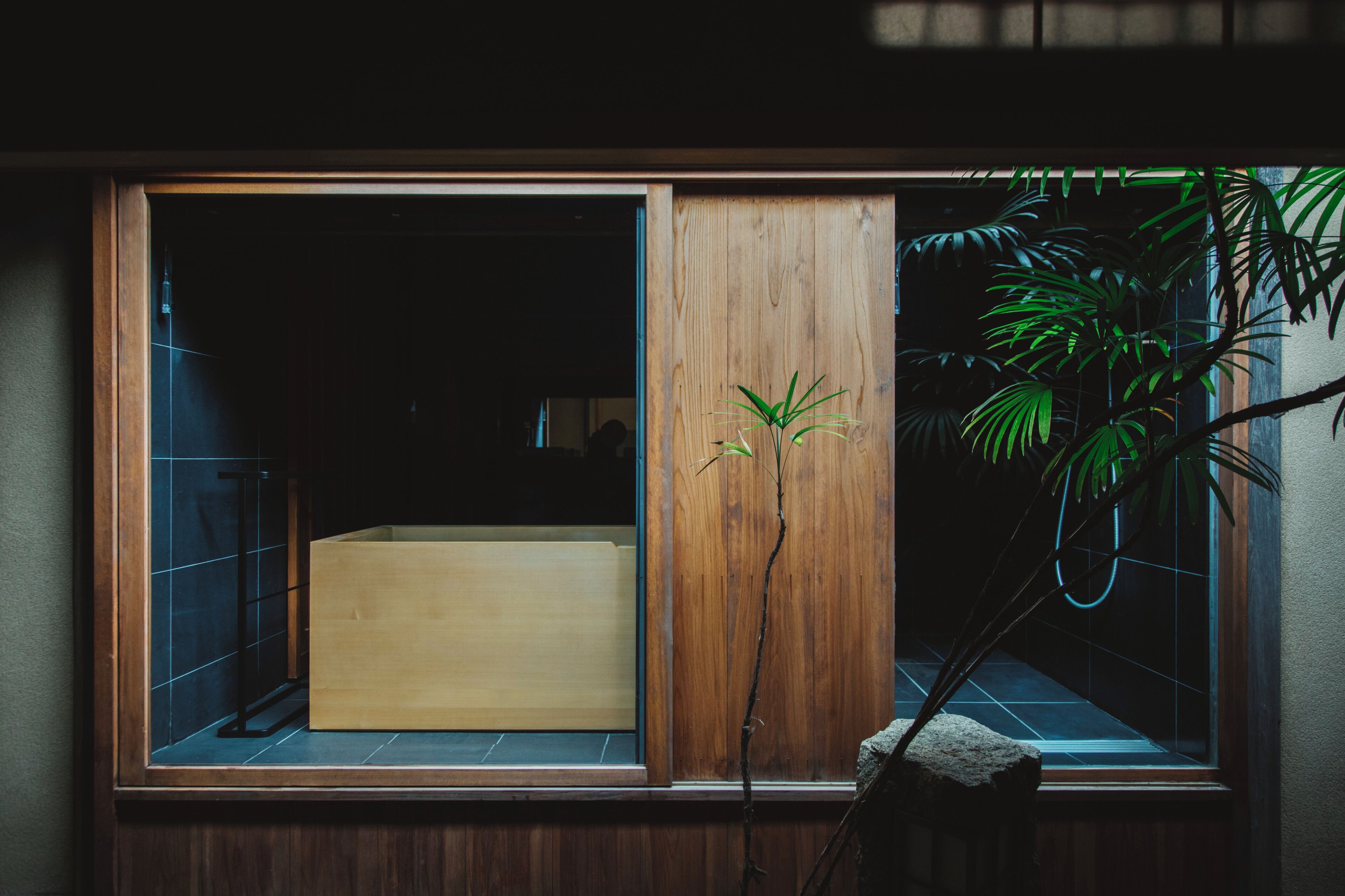 A room with a large window, wooden paneling, and a potted plant.