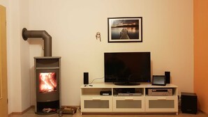 Una habitación con estufa de leña, televisor y un cuadro en la pared.