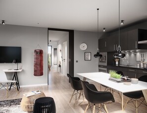 Appartement, 1 slaapkamer | Privékeuken | Een koelkast, een oven, een kookplaat, een vaatwasser