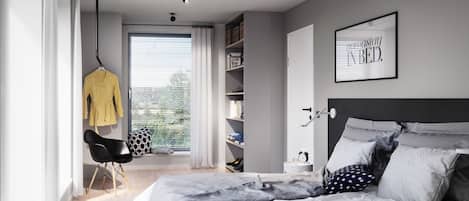 1 makuuhuone, työpöytä, äänieristys, silitysrauta/-lauta