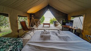Un alloggio in tenda dotato di letto, sedia, tavolo, televisore e vista sulla natura.