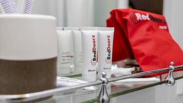 Shower, free toiletries, slippers, towels