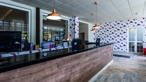 Zona de recepción con mostrador de madera, iluminación colgante y papel tapiz estampado.