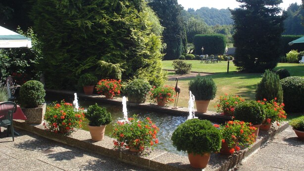 Un jardín con una fuente, plantas en macetas y césped.