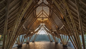 Une structure en bambou dotée d’un plancher en bois et offrant une vue sur une zone boisée.