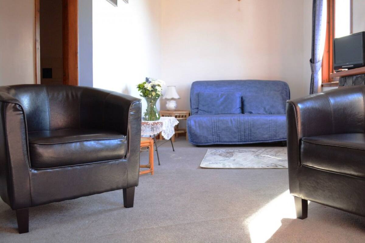 Un salon avec deux fauteuils en cuir, un canapé bleu, une petite table sur laquelle est posé un vase, et un téléviseur sur un meuble en bois.