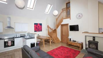 Flat-screen TV, fireplace